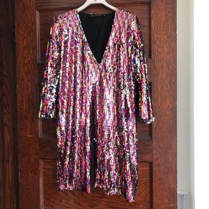 Gorgeous Zara Multicolored Sequin Mini Dress with bell sleeves v neck - Small